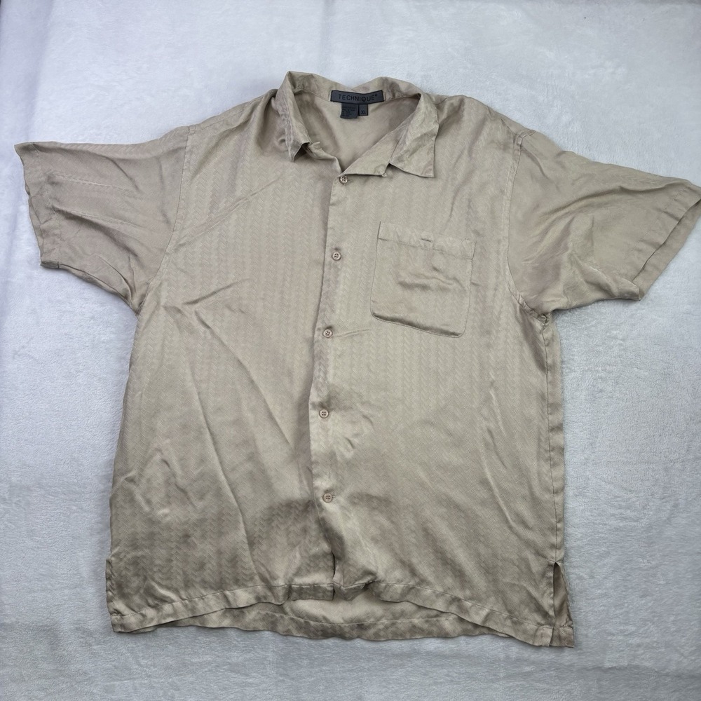 Technique Pure Silk Tan Button Up Short Sleeve Collared Shirt Men's XL